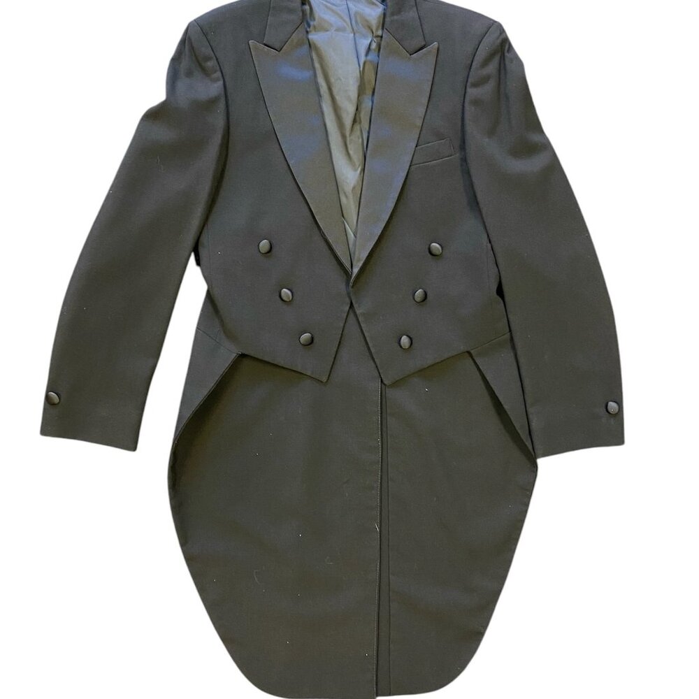 Men's 100% Wool Black Tuxedo Tailcoat with Satin Peak Lapels - Gala Black Tie - Picture 3 of 6